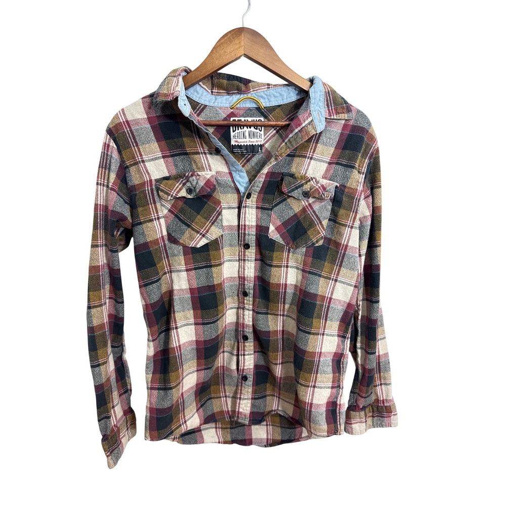Dravus Flannel Shirt Mens Large Plaid Brown Red Cotton Button Up Skate